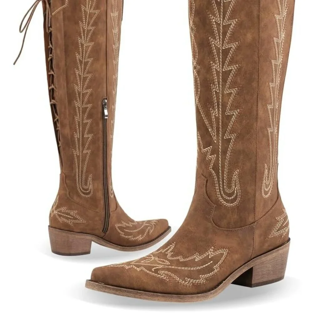 Women Brown Synthetic Cowgirl Thigh High Wide Calf Embroidered Western Boots